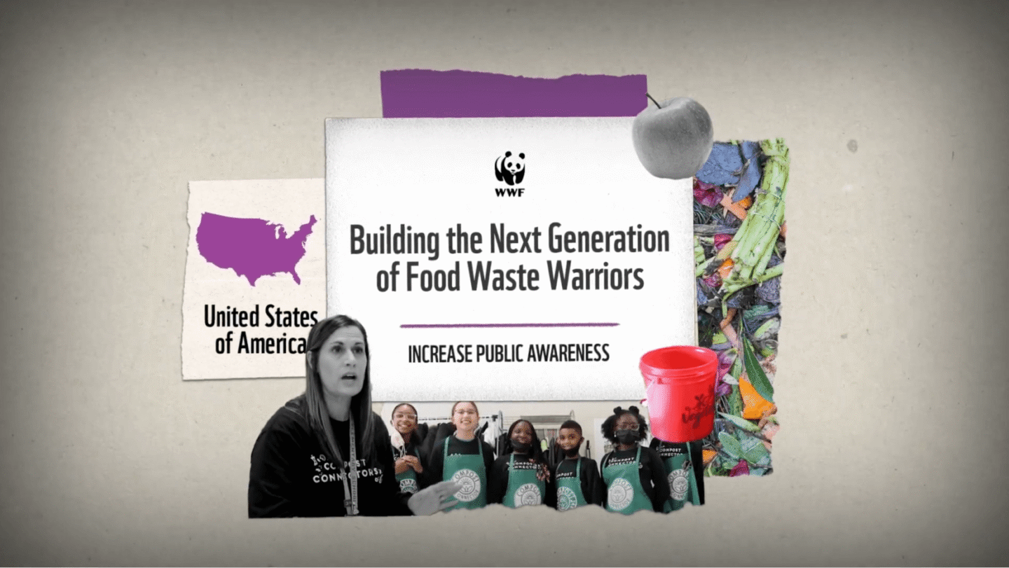 A collage featuring a WWF sign that reads "Building the Next Generation of Food Waste Warriors" with the subtitle "Increase Public Awareness." To the left is a purple map of the United States labeled "United States of America." Below the sign is a group of six people wearing green aprons with "Compost Connectors" logos, and a woman in black speaking in the foreground. On the right side, there is an image of food scraps and a red bucket. A gray apple is positioned near the top right of the sign.