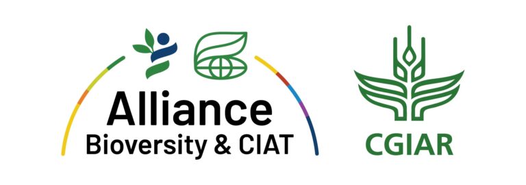 Alliance Bioversity & CIAT logo featuring a stylized human figure with leaves and a globe with a leaf above it, accompanied by a colorful arc above the text. Next to it is the CGIAR logo, showing a green stylized plant with the text "CGIAR" below.