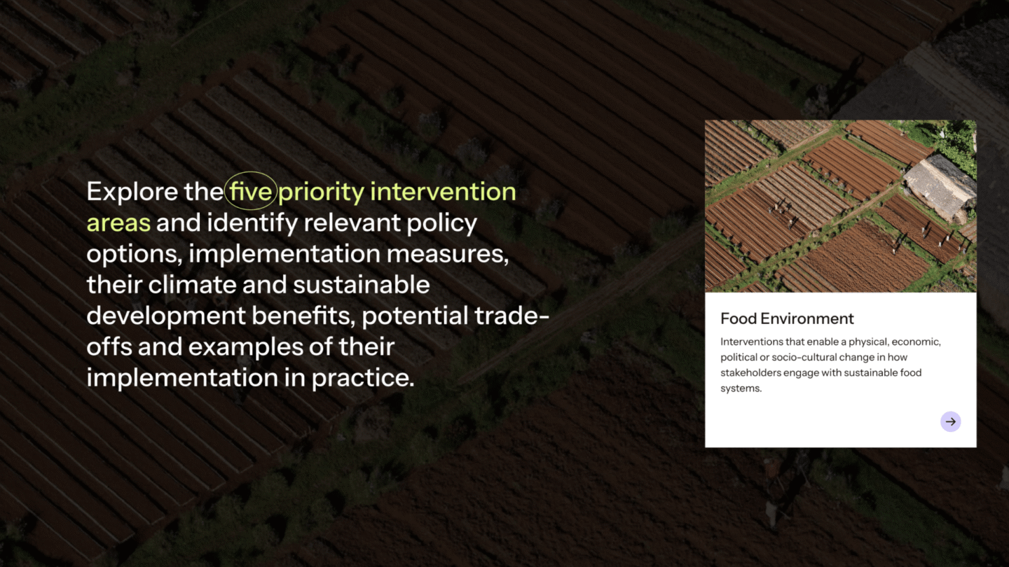 Aerial view of agricultural fields with neatly arranged plots and a small building. Text reads: "Explore the five priority intervention areas and identify relevant policy options, implementation measures, their climate and sustainable development benefits, potential trade-offs and examples of their implementation in practice." A white box titled "Food Environment" states: "Interventions that enable a physical, economic, political or socio-cultural change in how stakeholders engage with sustainable food systems.