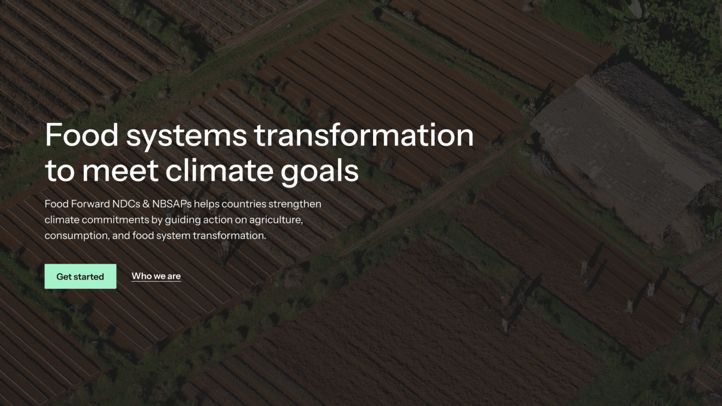 Aerial view of neatly plowed agricultural fields with a small thatched-roof hut on the right side, bordered by green vegetation. The fields are divided into rectangular plots with visible furrows. Several people are scattered around the fields, casting long shadows. Text overlay reads: "Food systems transformation to meet climate goals. Food Forward NDCs & NBSAPs helps countries strengthen climate commitments by guiding action on agriculture, consumption, and food system transformation." There are two buttons below the text labeled "Get started" and "Who we are.
