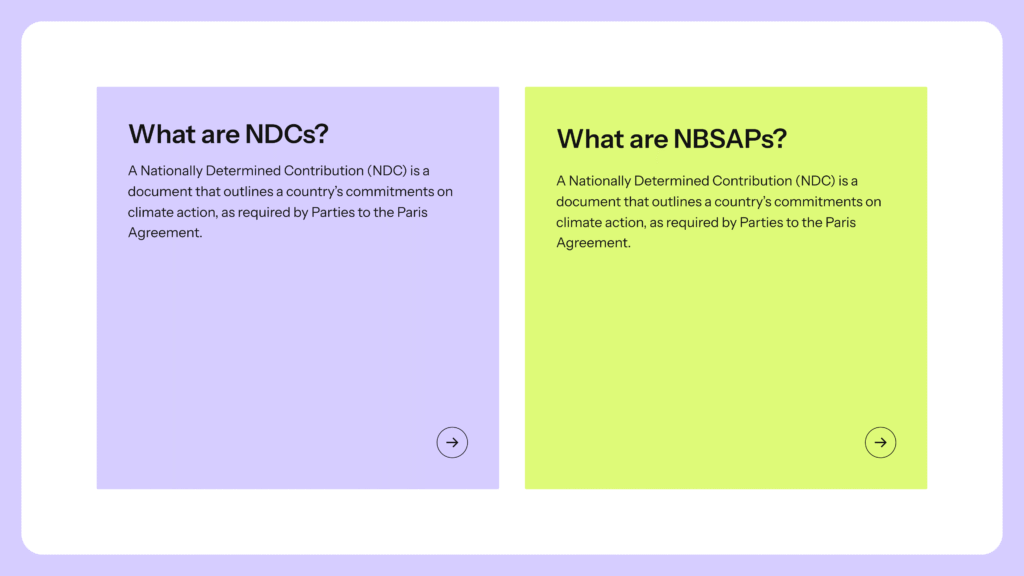 Two side-by-side colored boxes with text. The left box is light purple and titled "What are NDCs?" It explains that a Nationally Determined Contribution (NDC) is a document outlining a country's commitments on climate action as required by the Paris Agreement. The right box is light yellow-green and titled "What are NBSAPs?" It contains the same text as the left box, incorrectly describing NBSAPs as a Nationally Determined Contribution (NDC) document. Both boxes have a circular arrow icon at the bottom right corner.